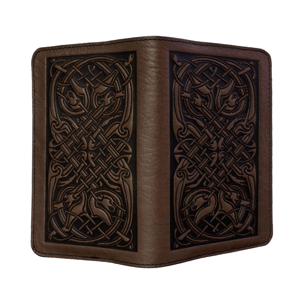 Oberon Design Celtic Hounds Refillable Leather Pocket Notebook Cover, Chocolate-Open
