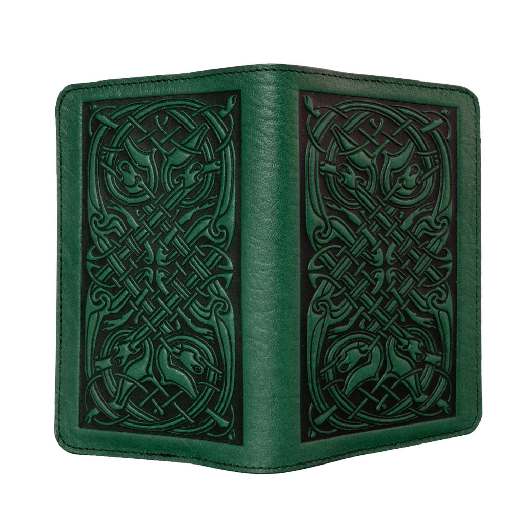 Oberon Design Celtic Hounds Refillable Leather Pocket Notebook Cover, Green - Open