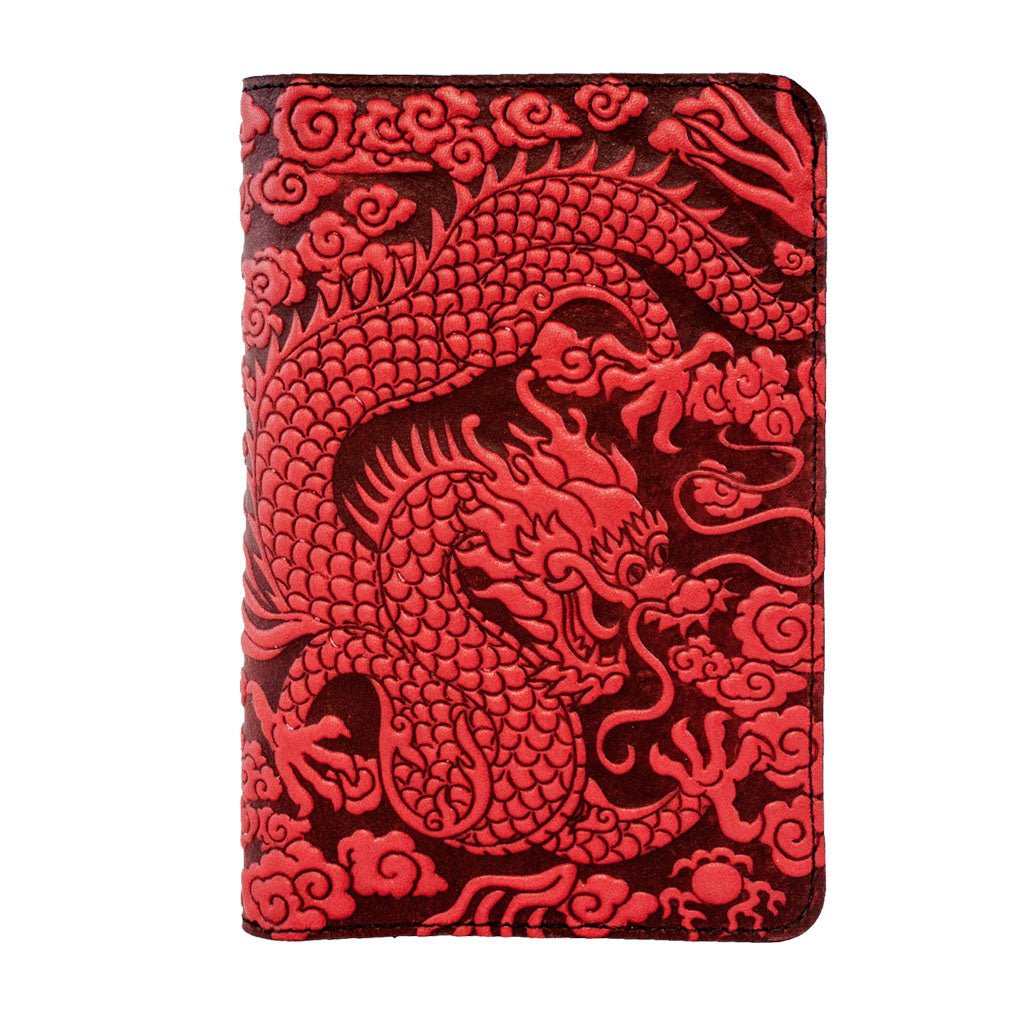 Oberon Design Refillable Leather Pocket Notebook Cover. Cloud Dragon, Red