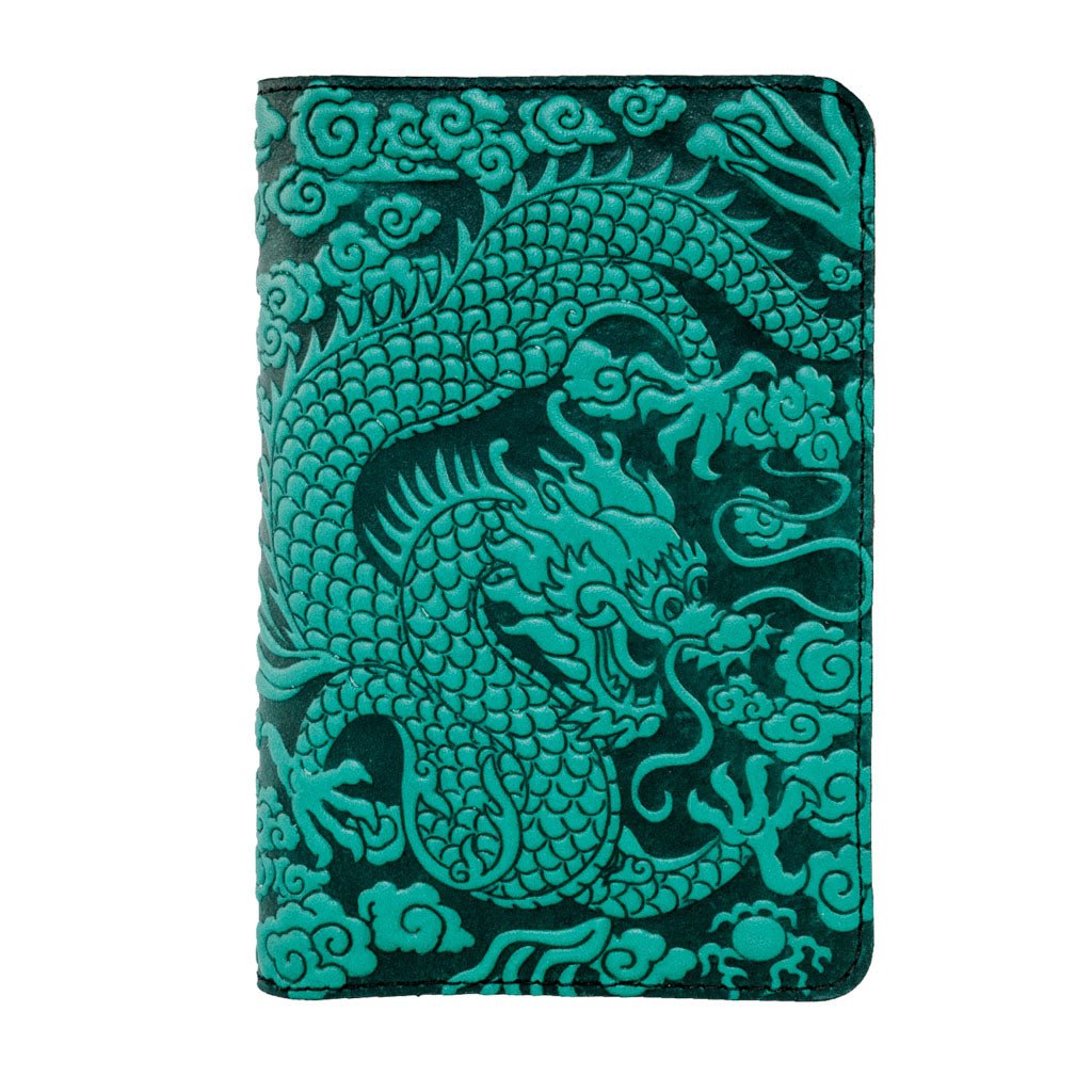 Oberon Design Refillable Leather Pocket Notebook Cover. Cloud Dragon, Teal