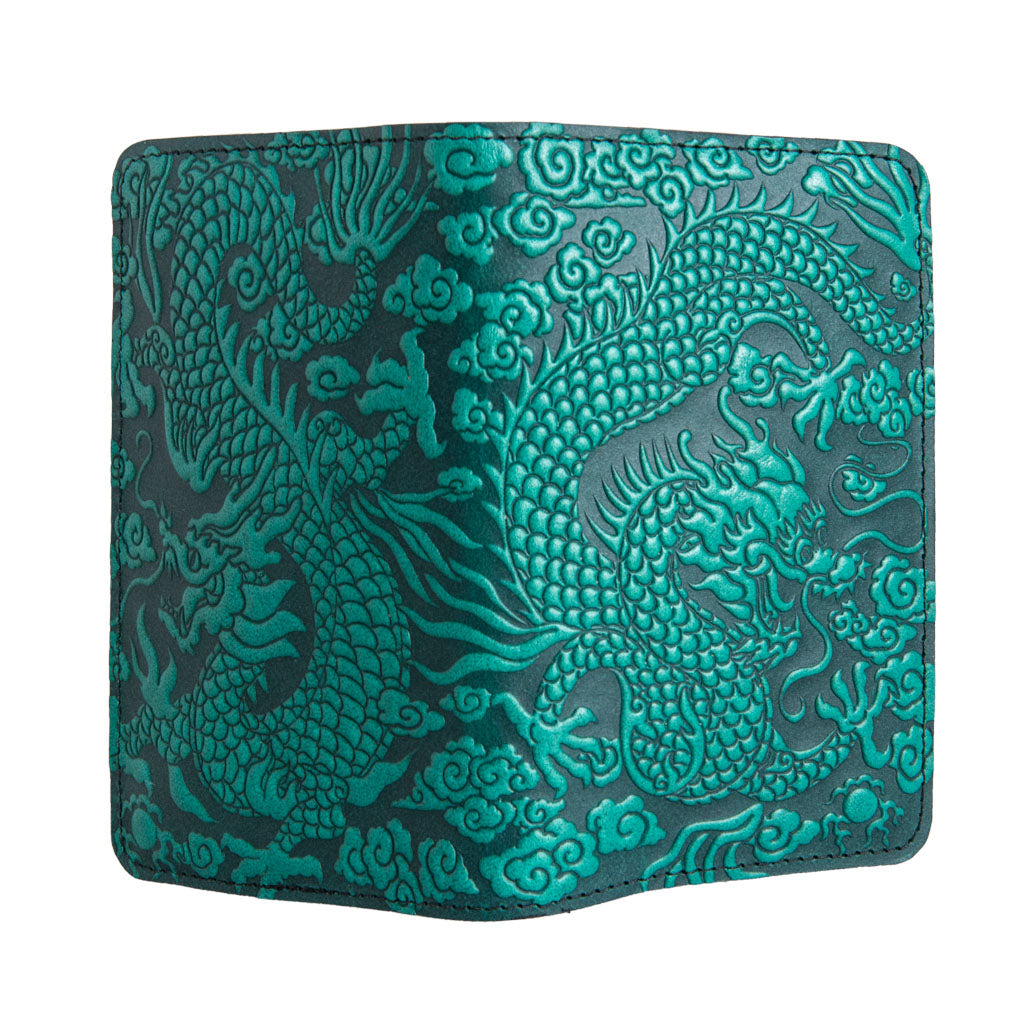 Oberon Design Refillable Leather Pocket Notebook Cover. Cloud Dragon, Teal - Open