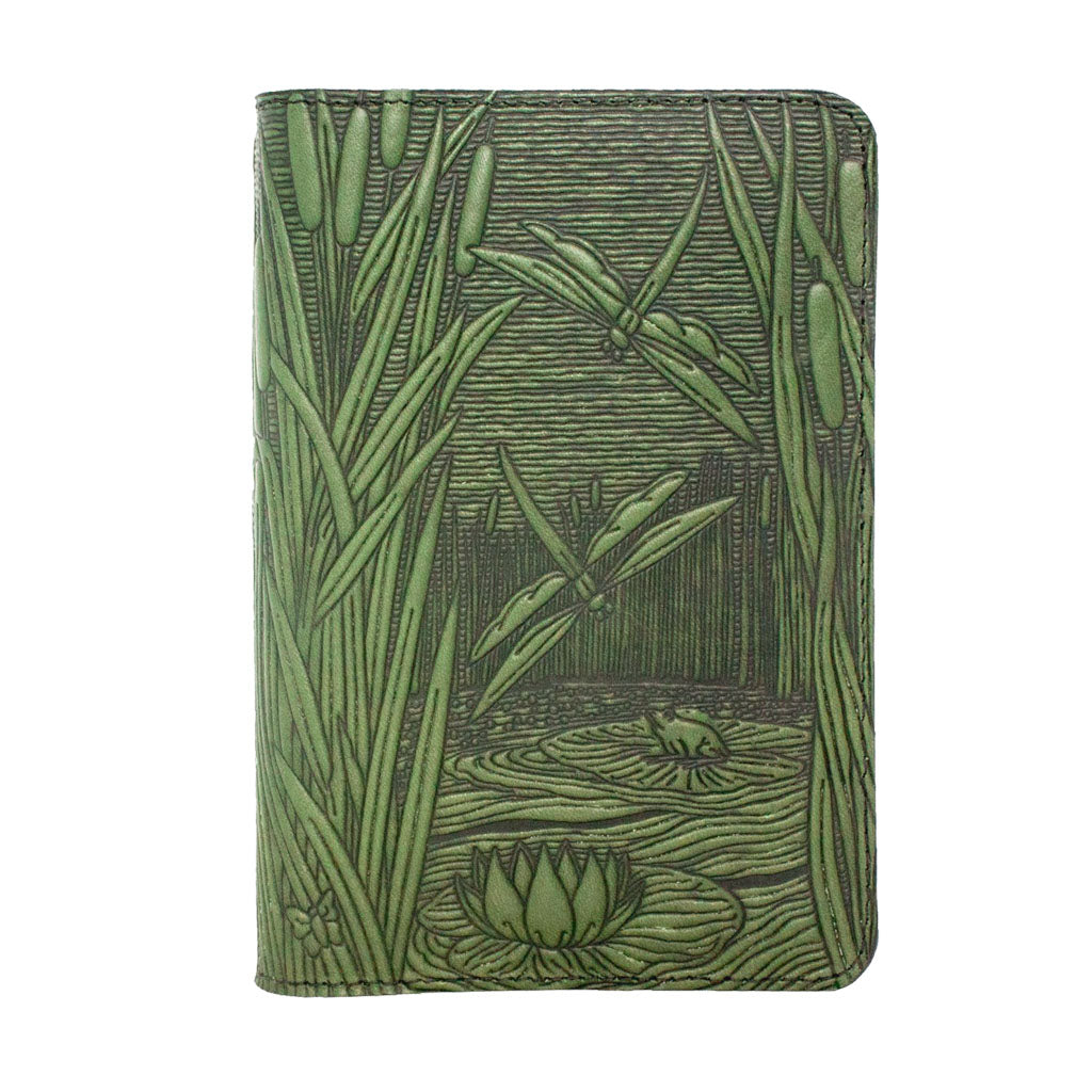 Oberon Design Refillable Leather Pocket Notebook Cover, Dragonfly Pond, Fern