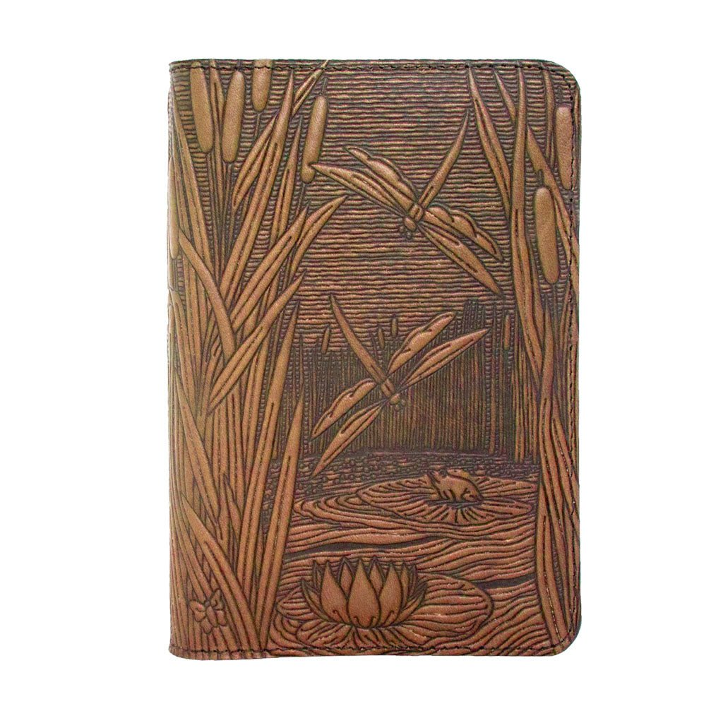 Oberon Design Refillable Leather Pocket Notebook Cover, Dragonfly Pond, Saddle