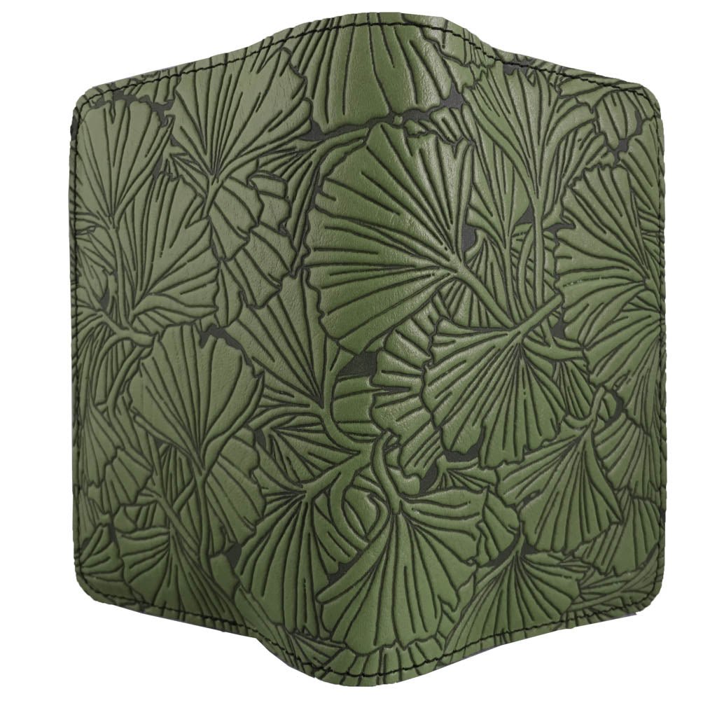 Oberon Design Ginkgo Refillable Leather Pocket Notebook Cover, Fern, Open