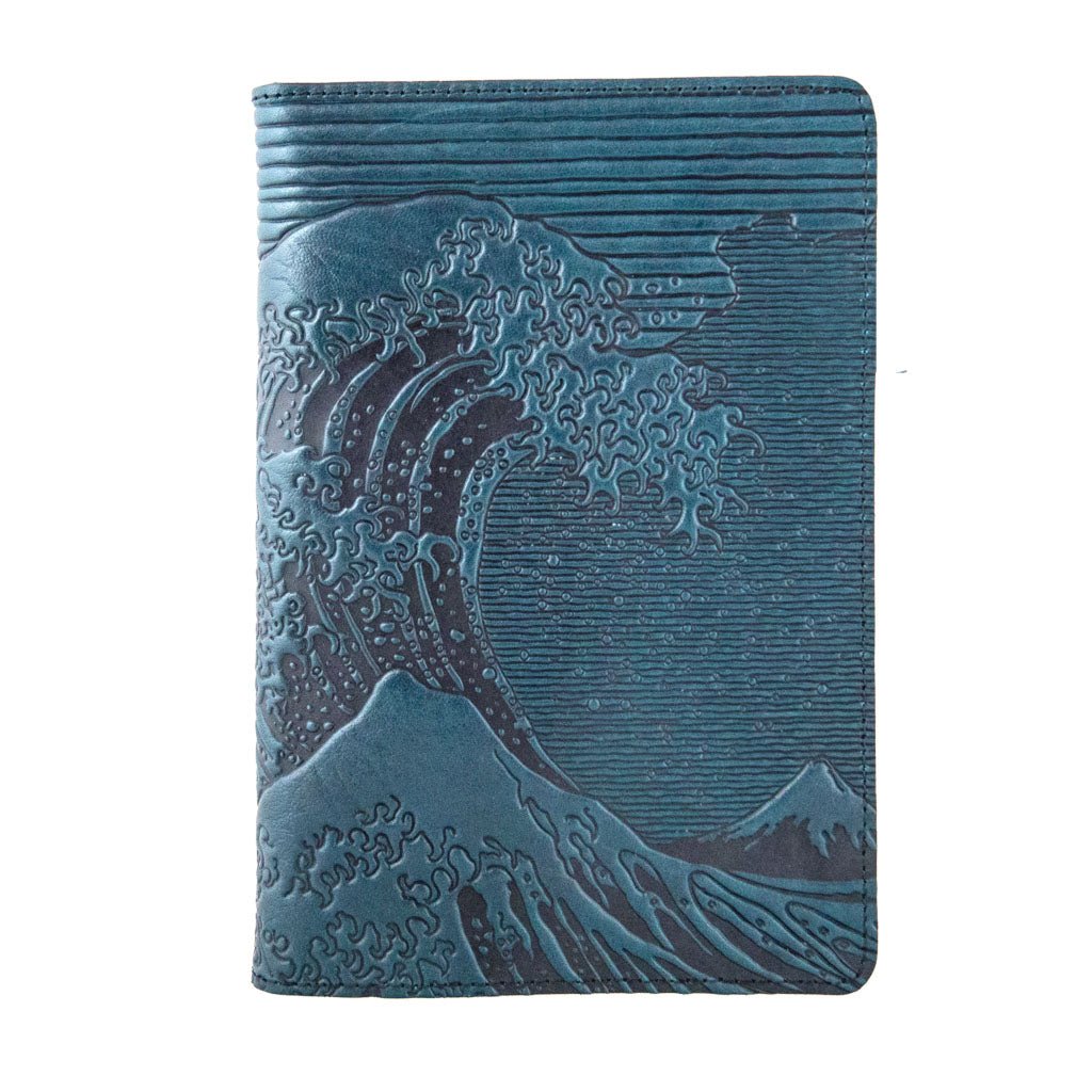 Oberon Design Refillable Leather Pocket Notebook Cover, Hokusai Wave, Blue
