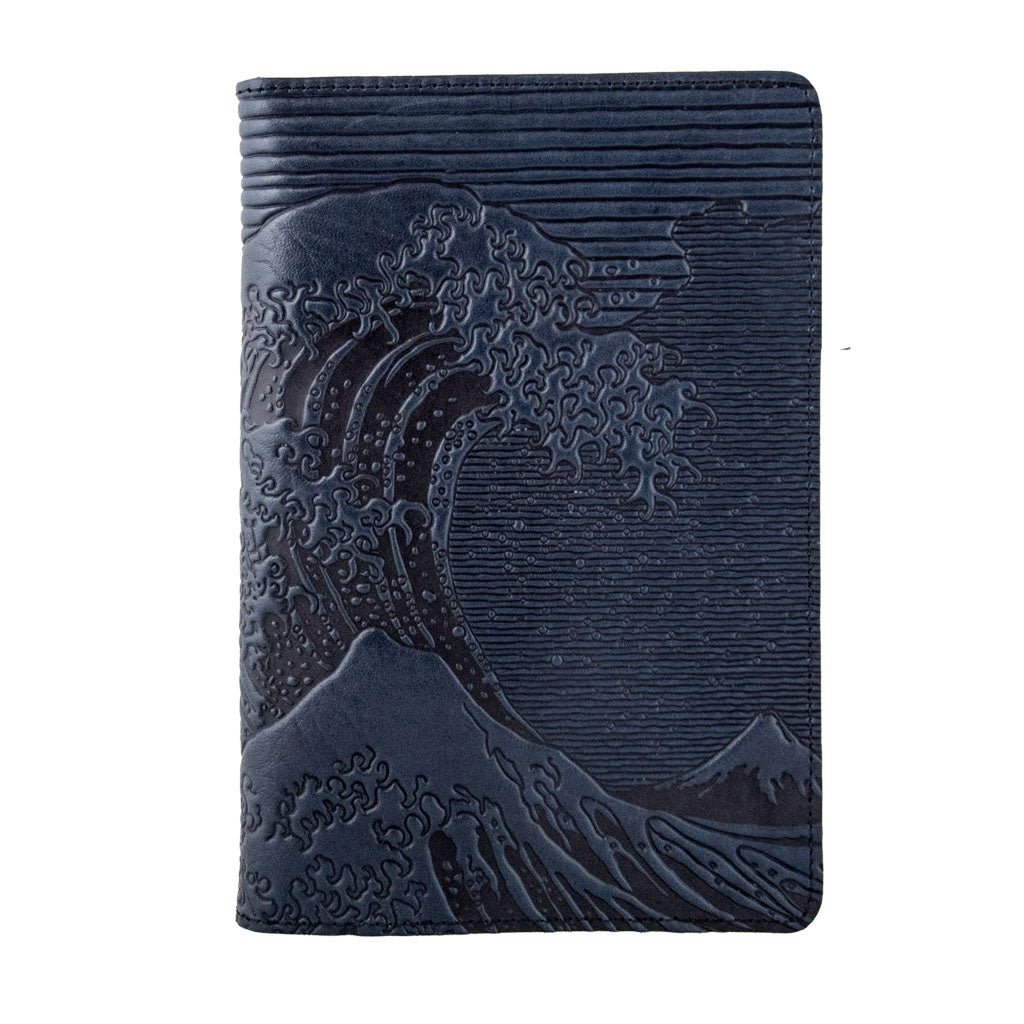 Oberon Design Refillable Leather Pocket Notebook Cover, Hokusai Wave, Navy