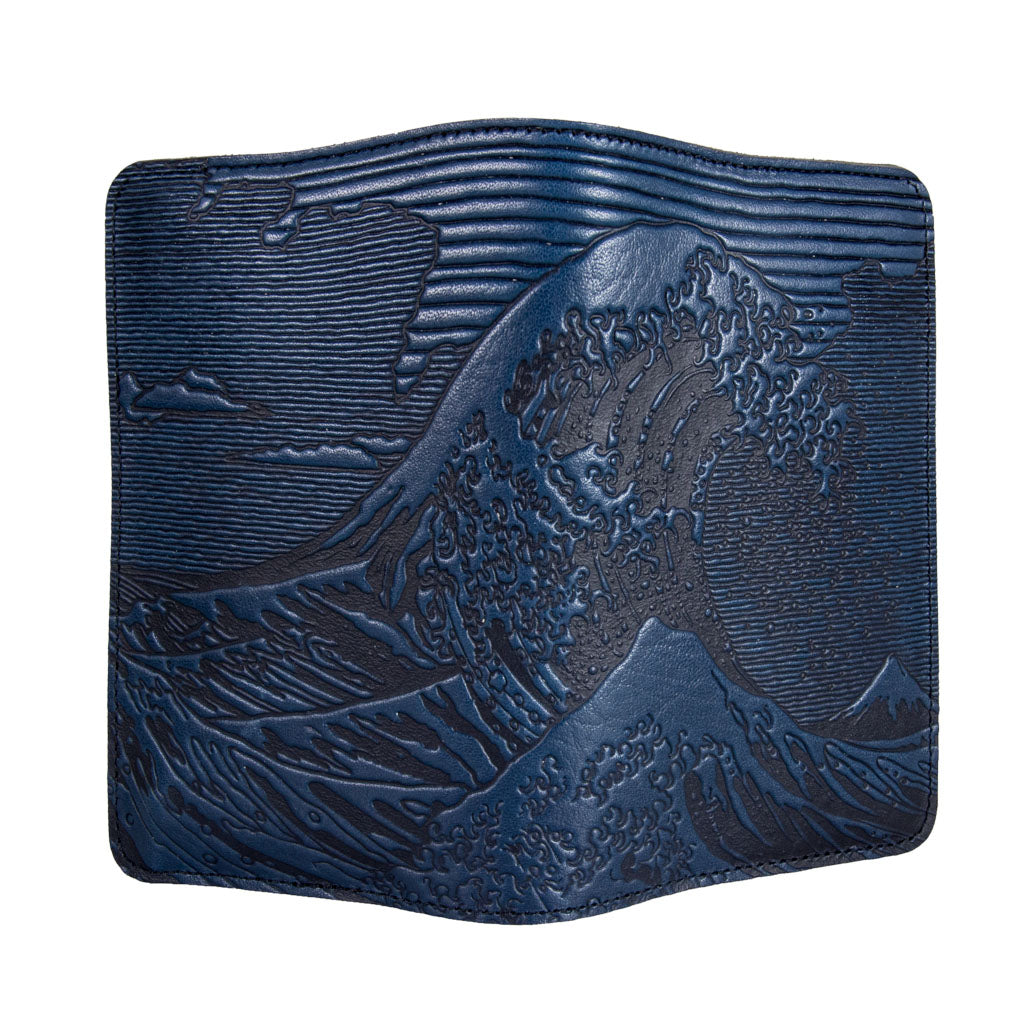 Oberon Design Refillable Leather Pocket Notebook Cover, Hokusai Wave,Navy - Open