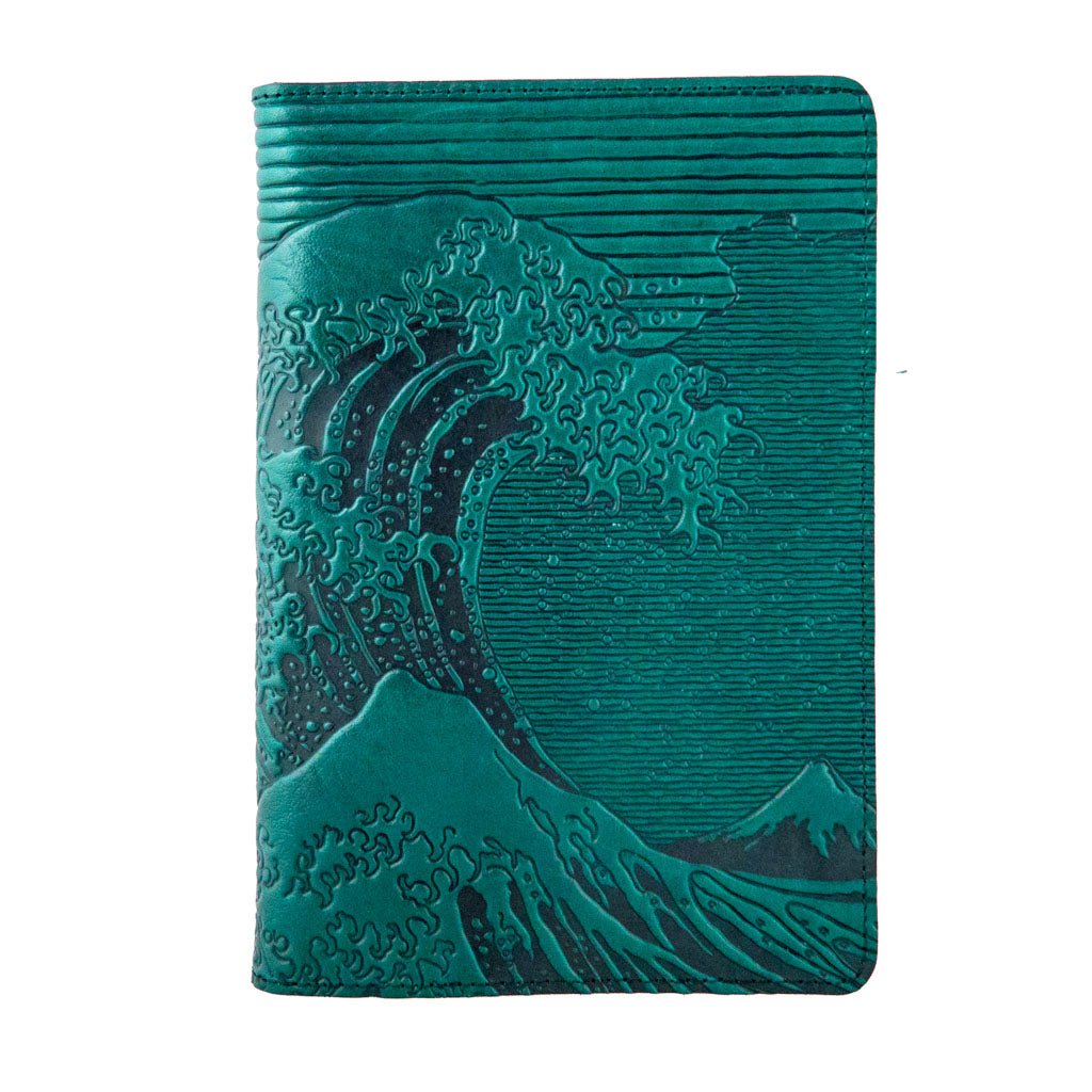 Oberon Design Refillable Leather Pocket Notebook Cover, Hokusai Wave, Teal
