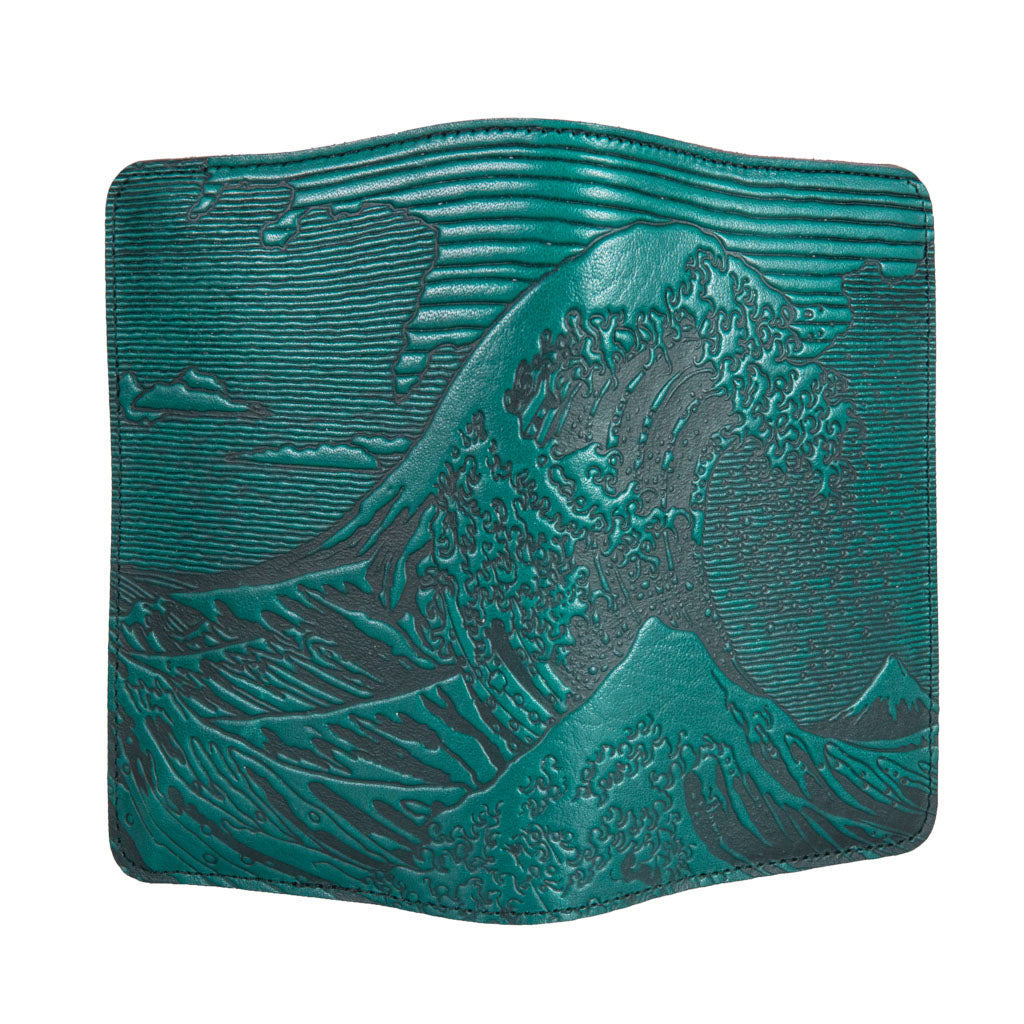 Oberon Design Refillable Leather Pocket Notebook Cover, Hokusai Wave, Teal - Open
