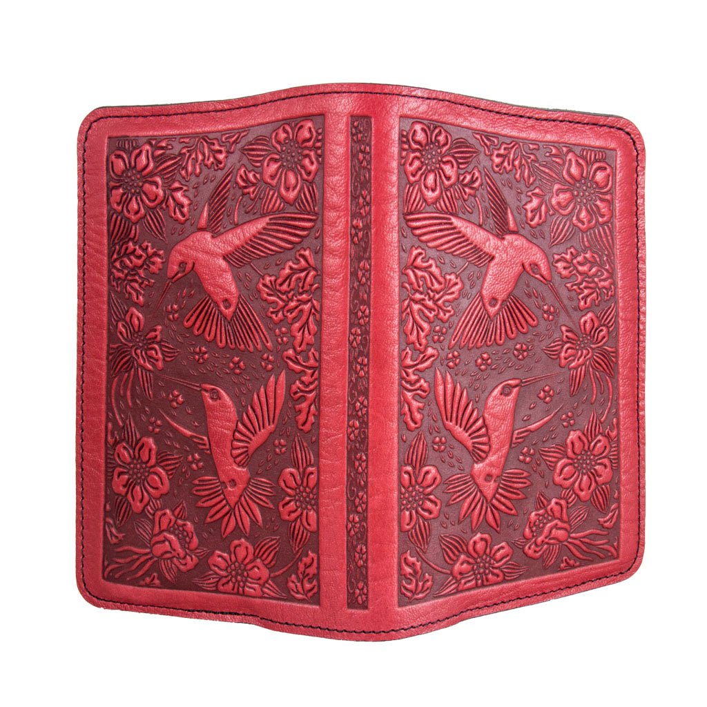 Oberon Design Hummingbird Refillable Leather Pocket Notebook Cover, Red - Open