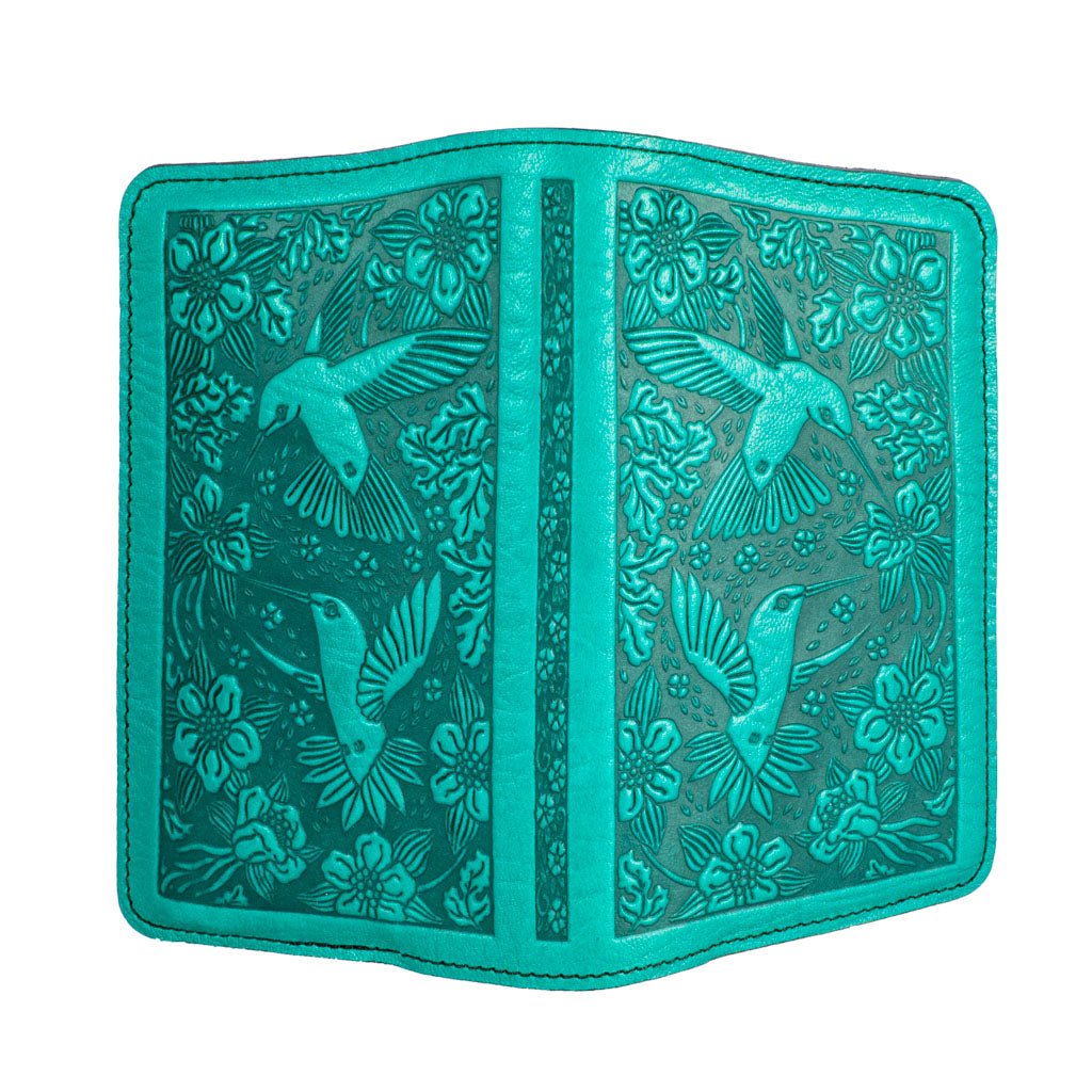 Oberon Design Hummingbird Refillable Leather Pocket Notebook Cover, Teal - Open