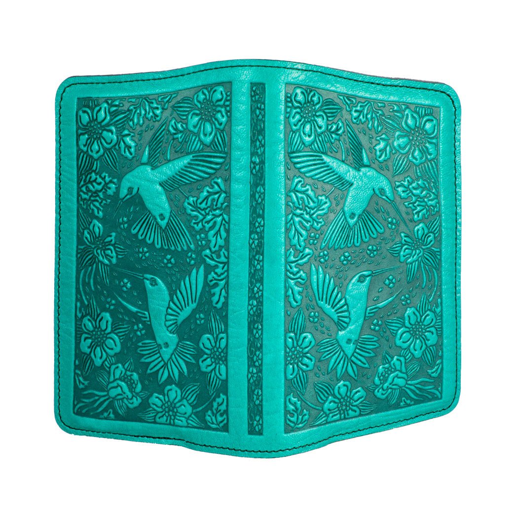 Oberon Design Hummingbird Refillable Leather Pocket Notebook Cover, Teal - Open