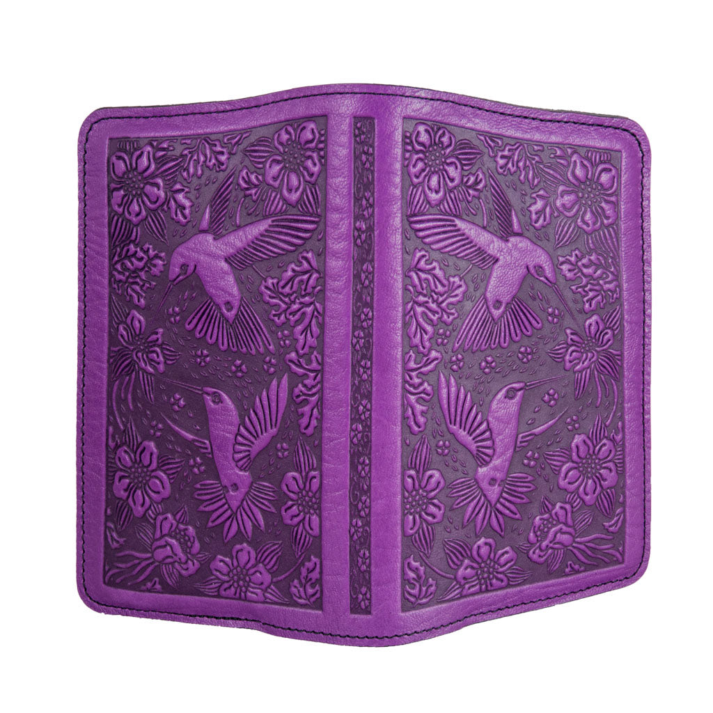 Oberon Design Hummingbird Refillable Leather Pocket Notebook Cover, Orchid - Open