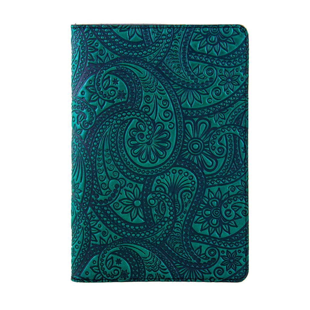 Oberon Design Refillable Leather Pocket Notebook Cover, Paisley, Teal