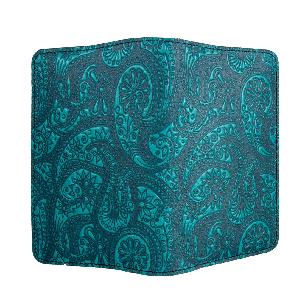 Oberon Design Refillable Leather Pocket Notebook Cover, Paisley, Teal - Open