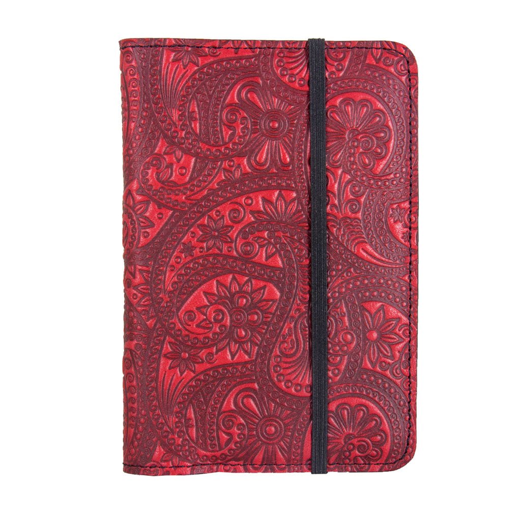 Oberon Design Refillable Leather Pocket Notebook Cover, Paisley, Red