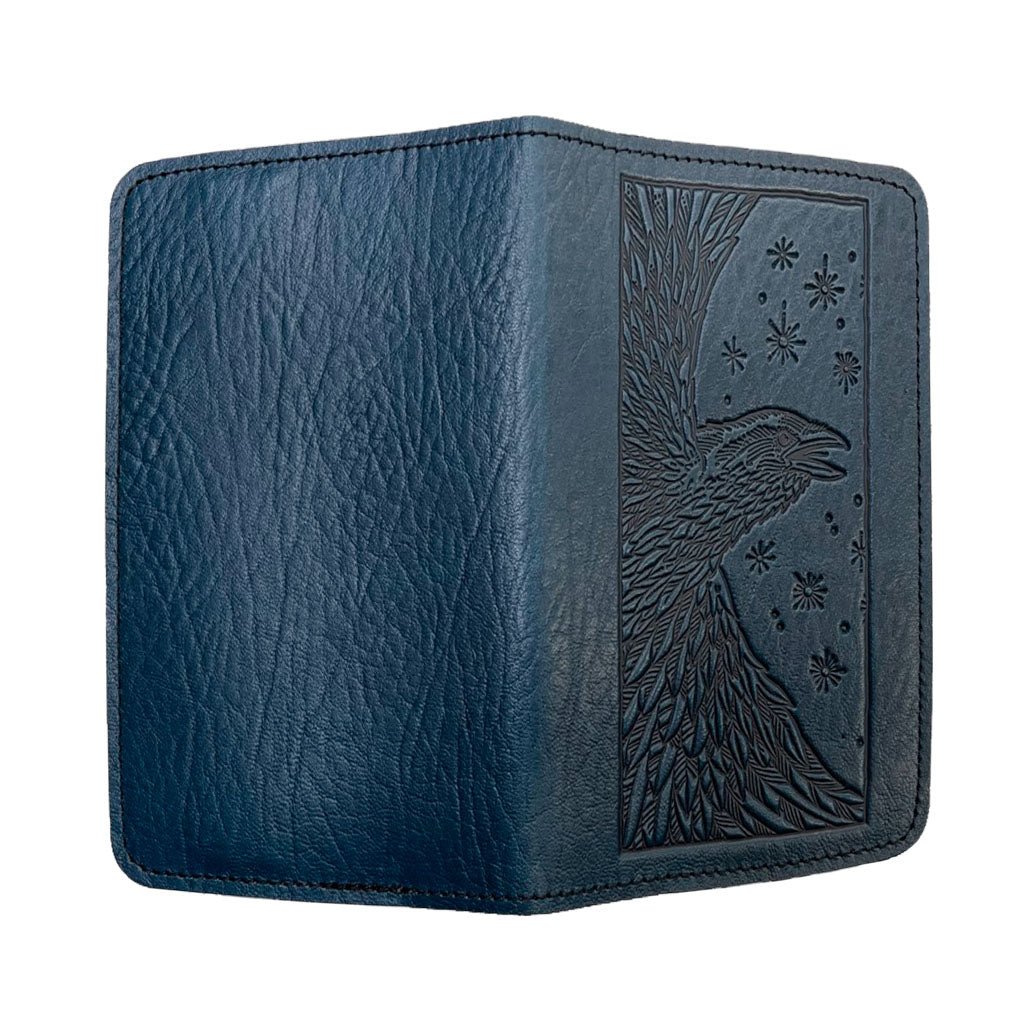 Oberon Design Refillable Leather Pocket Notebook Cover, Raven, Navy, Open