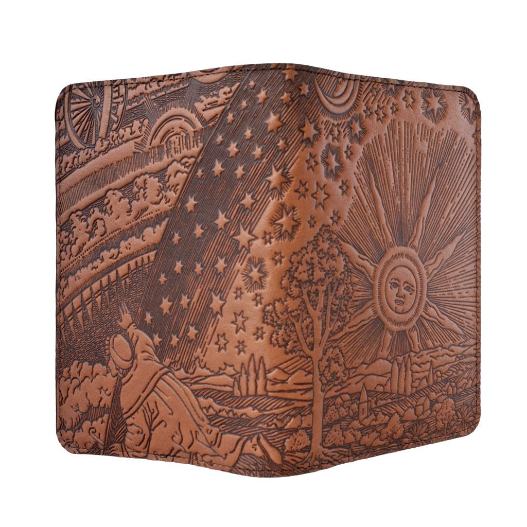 Oberon Design Refillable Leather Pocket Notebook Cover, Roof of Heaven, Saddle - Open