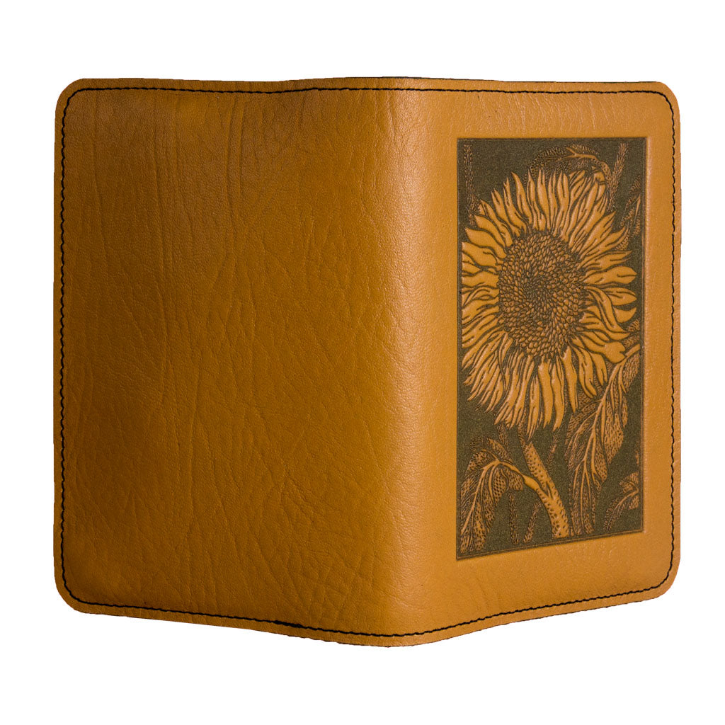 Oberon Design Refillable Leather Pocket Notebook Cover, Sunflower, Marigold - Open