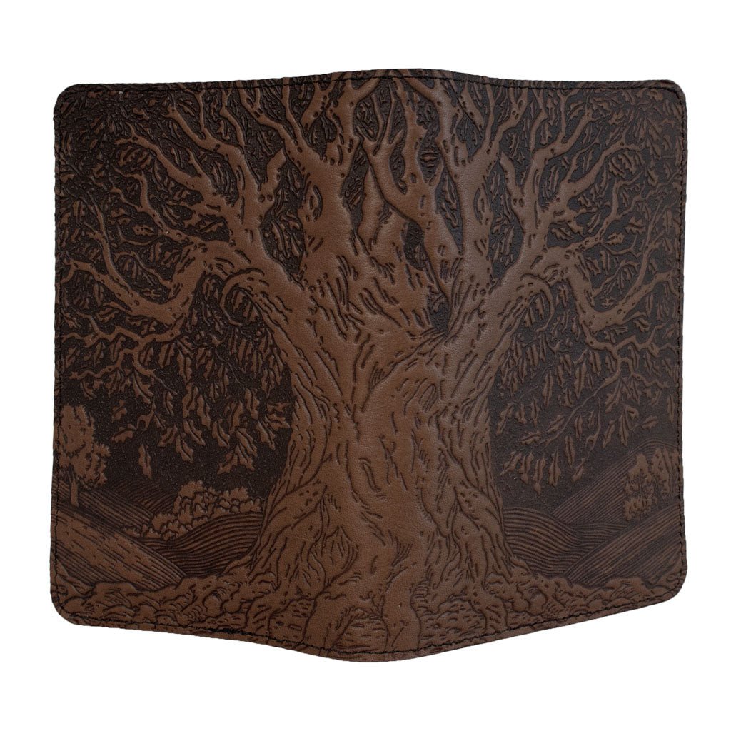 Oberon Design Refillable Leather Pocket Notebook Cover, Tree of Life, Chocolate - Open