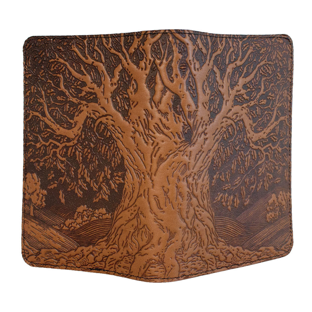 Oberon Design Refillable Leather Pocket Notebook Cover, Tree of Life, Saddle - Open