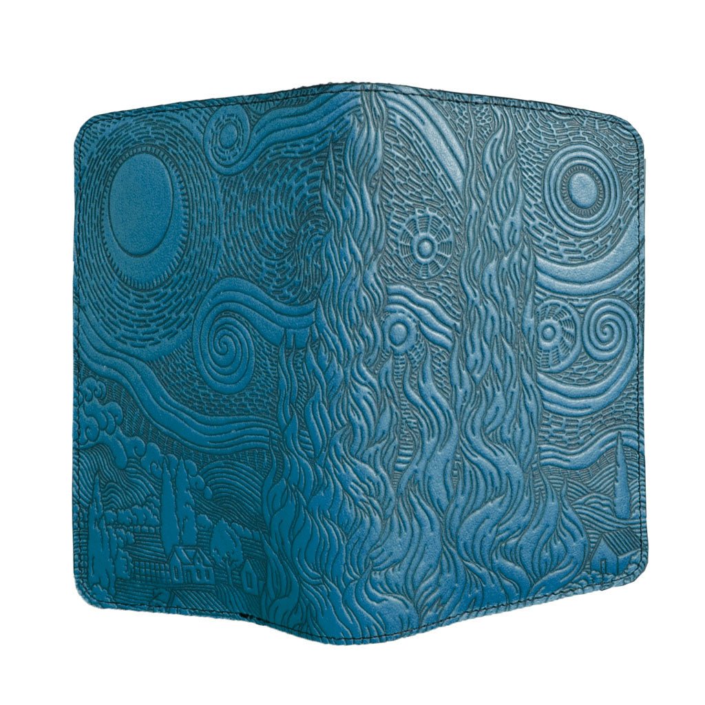 Oberon Design Refillable Leather Pocket Notebook Cover, Van Gogh Sky,Blue, Open