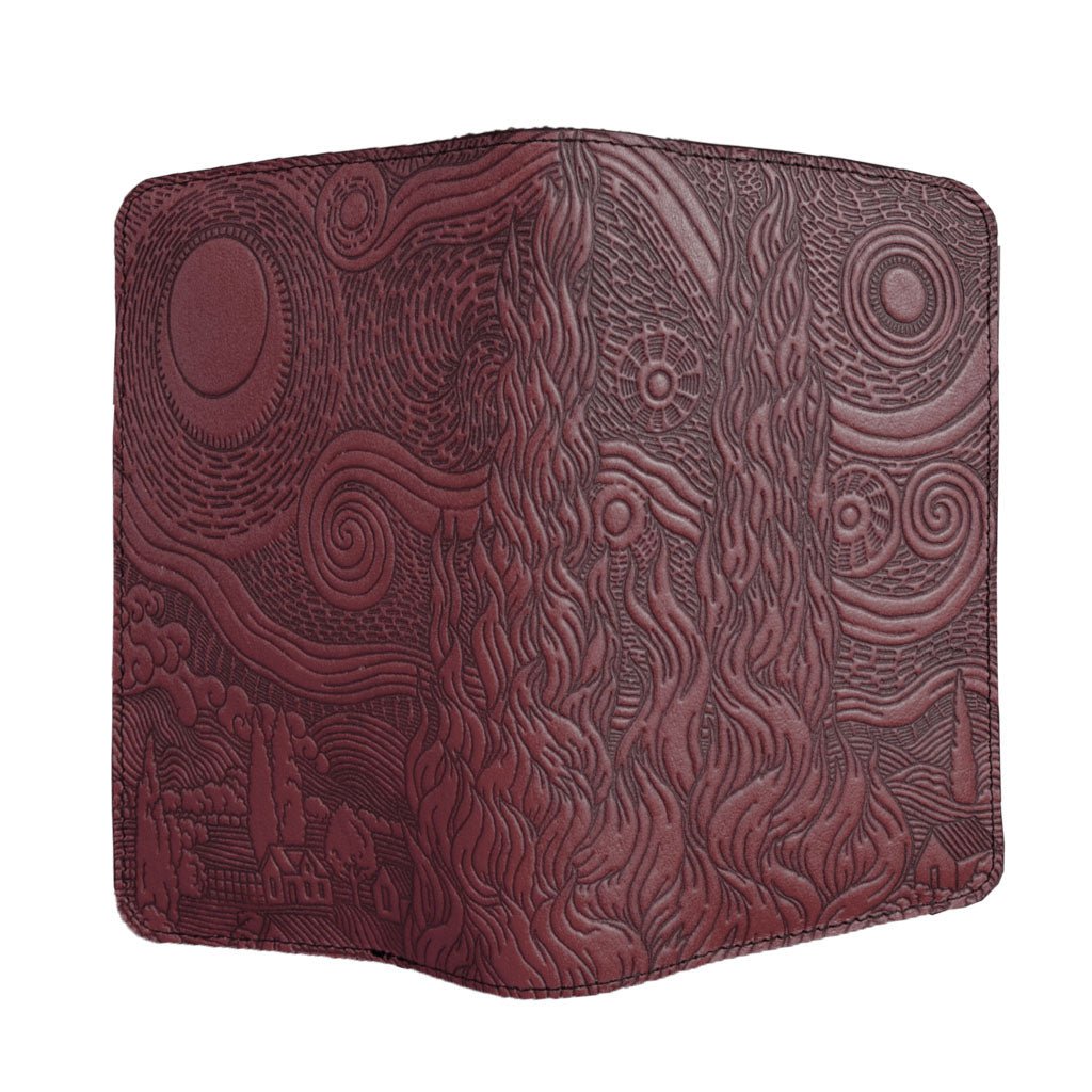 Oberon Design Refillable Leather Pocket Notebook Cover, Van Gogh Sky, Wine - Open