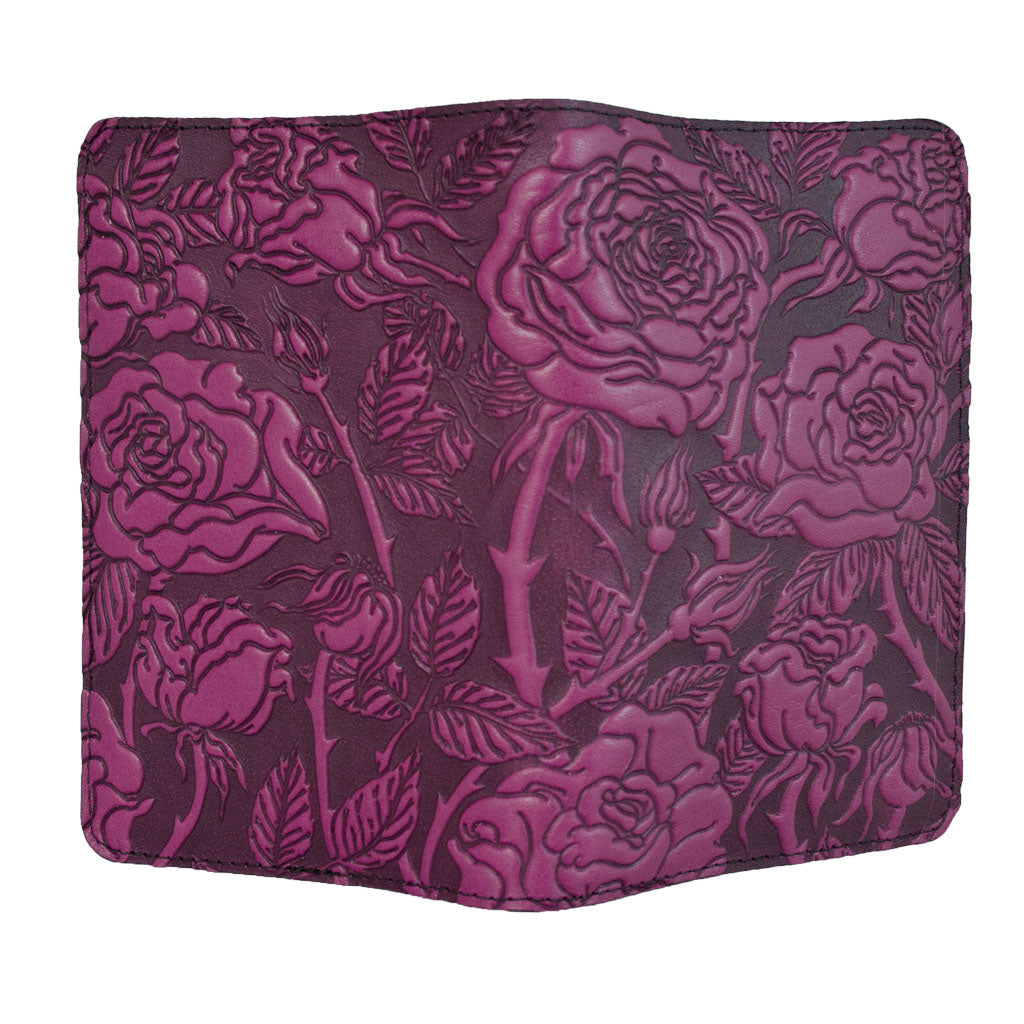 Oberon Design Refillable Leather Pocket Notebook Cover, Wild Rose, Orchid - Open