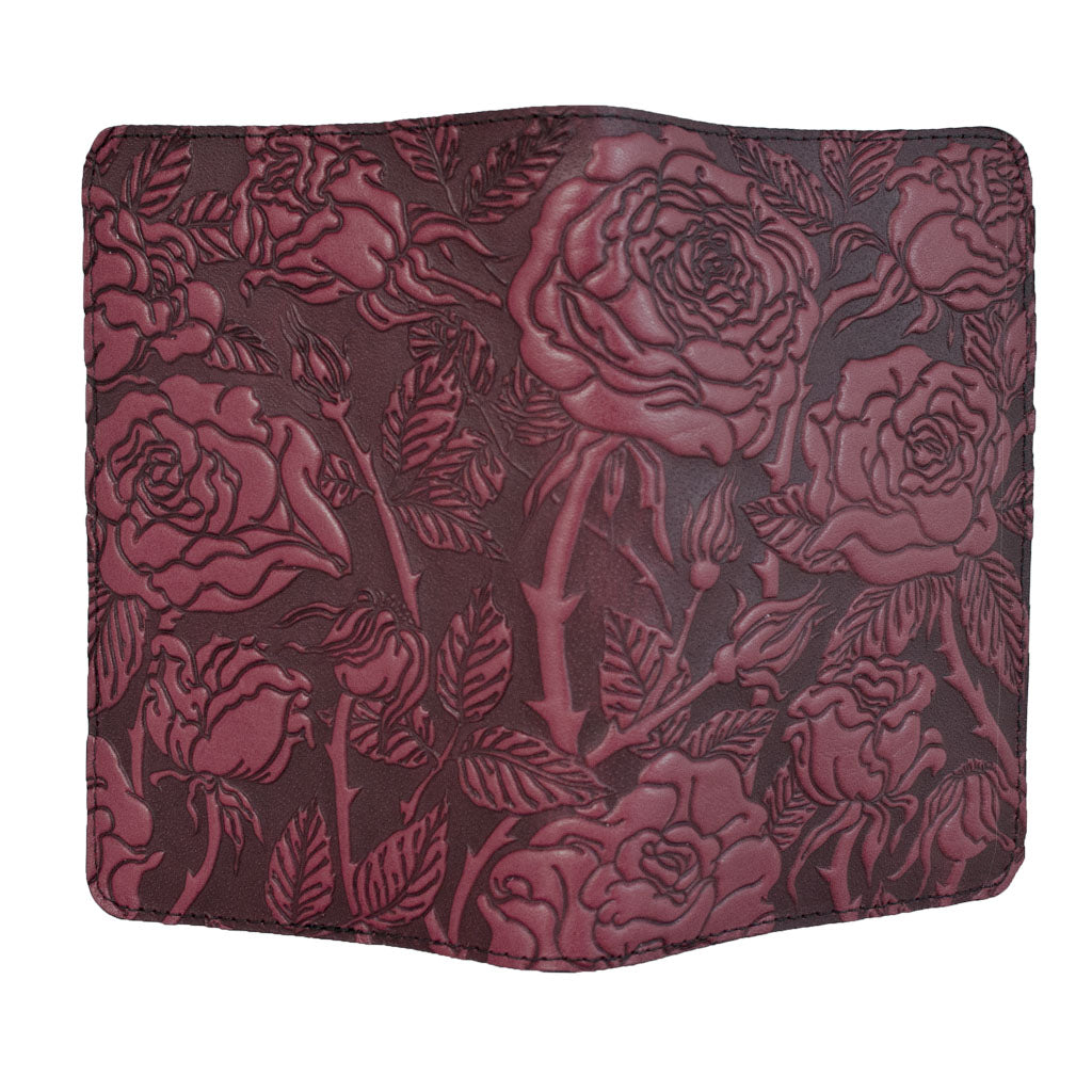 Oberon Design Refillable Leather Pocket Notebook Cover, Wild Rose, Wine - Open