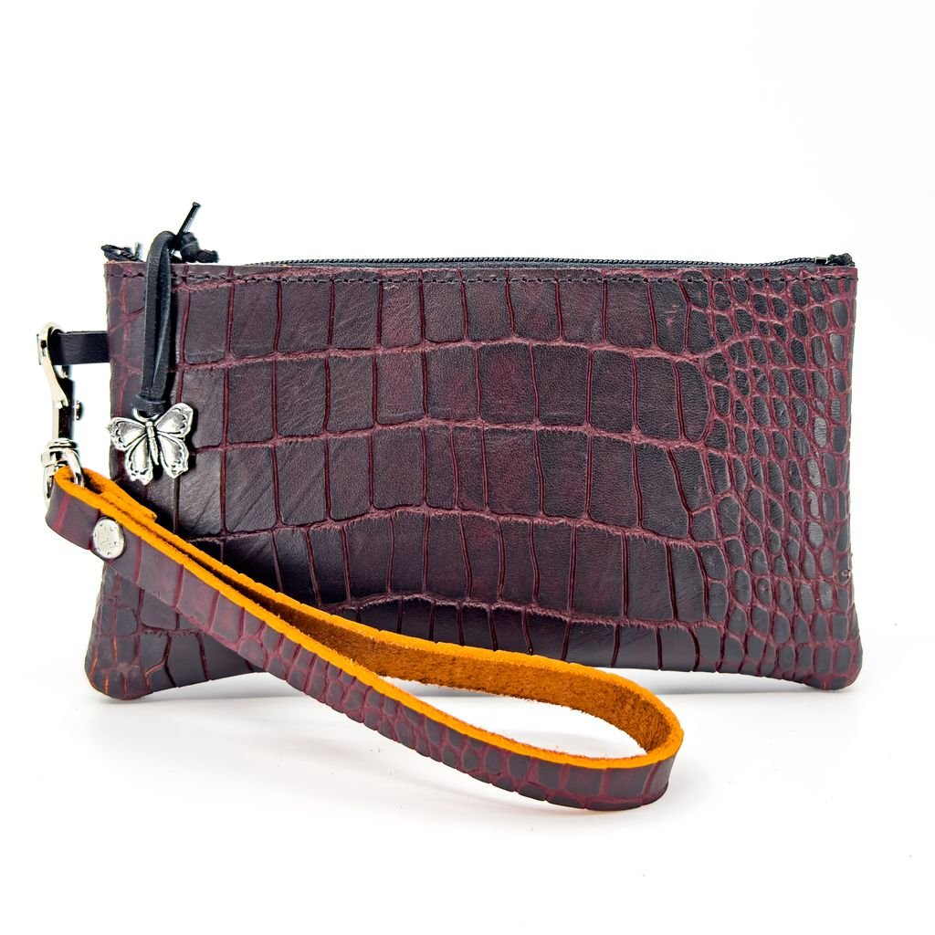 Limited Edition Leather Zip Wristlet Pouch, Wallet, Burgundy Alligator