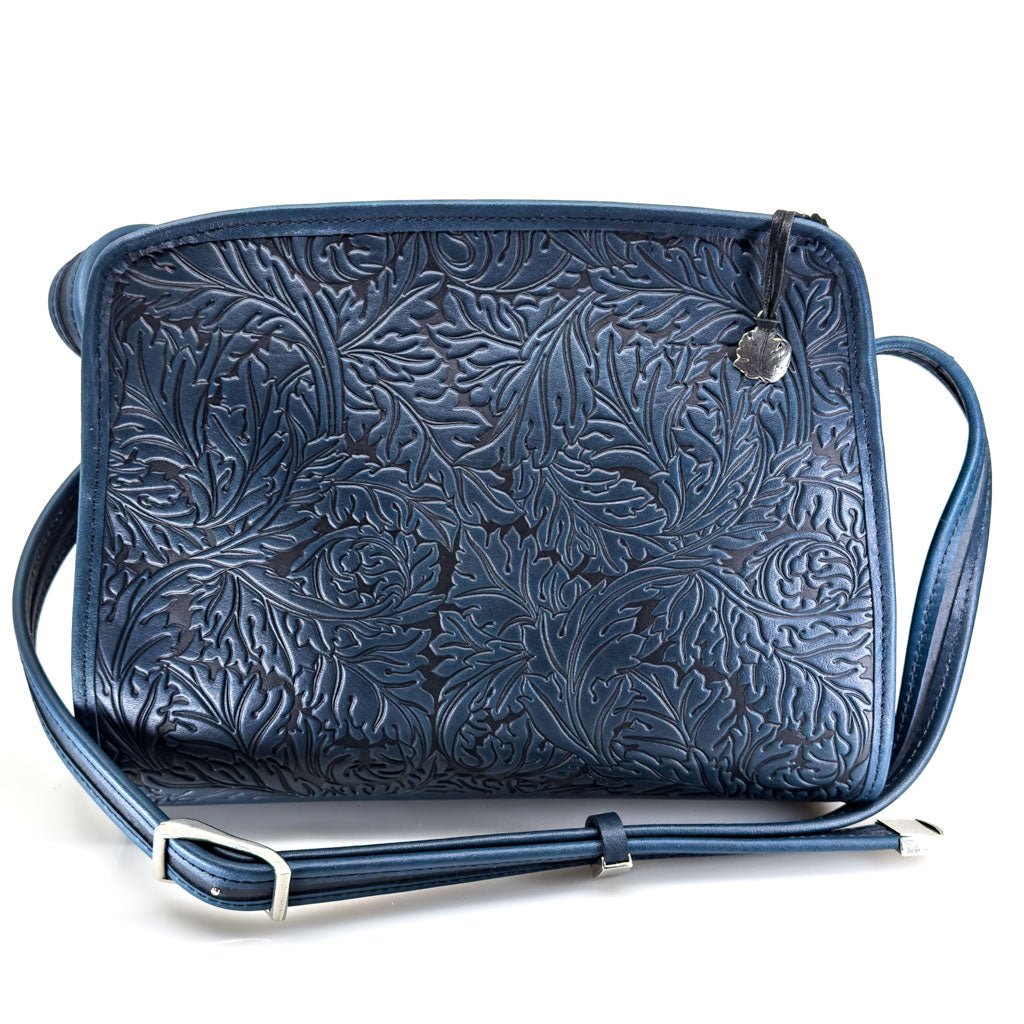 Oberon Design Leather Handbag, Acanthus Leaf Retro Crossbody, Front, Navy