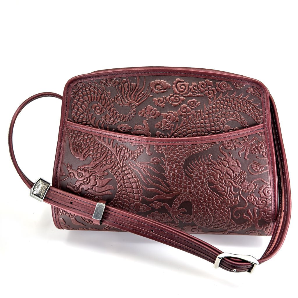 Oberon Design Leather Women's Handbag, Cloud Dragon Retro Crossbody, Wine