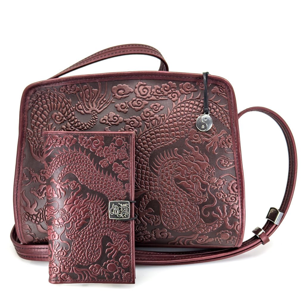 Oberon Design Leather Women&#39;s Handbag, Cloud Dragon Retro Crossbody with Matching Wallet