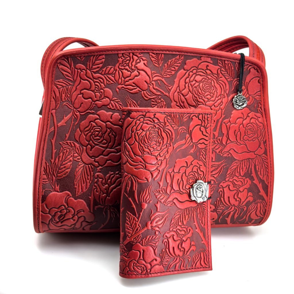 Leather  Retro Crossbody handbag and women&#39;s wallet, Wild Rose in Red