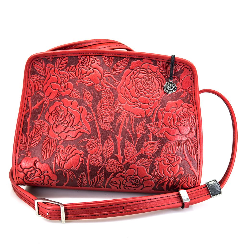 Oberon Design Leather Handbag, Wild Rose Retro Crossbody, Red