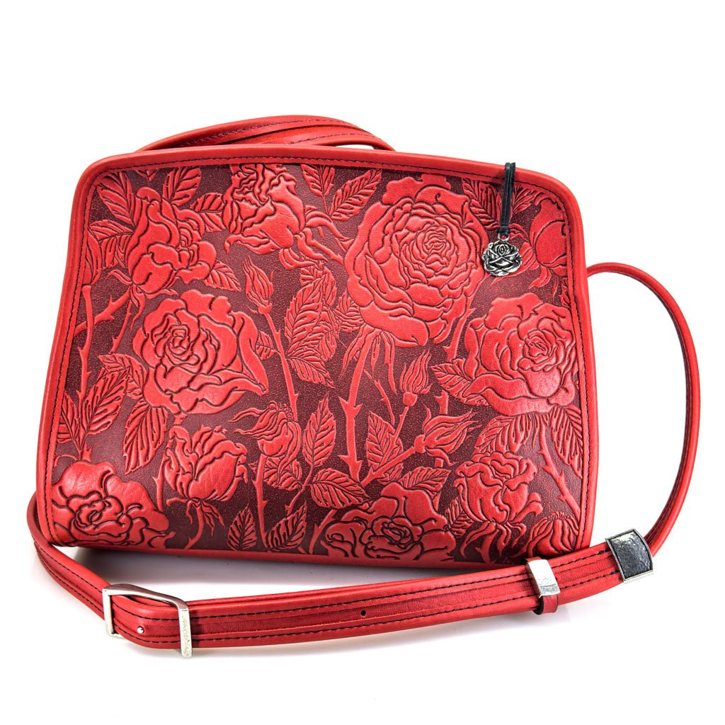 Oberon Design Leather Handbag, WIld Rose Retro Crossbody, Red