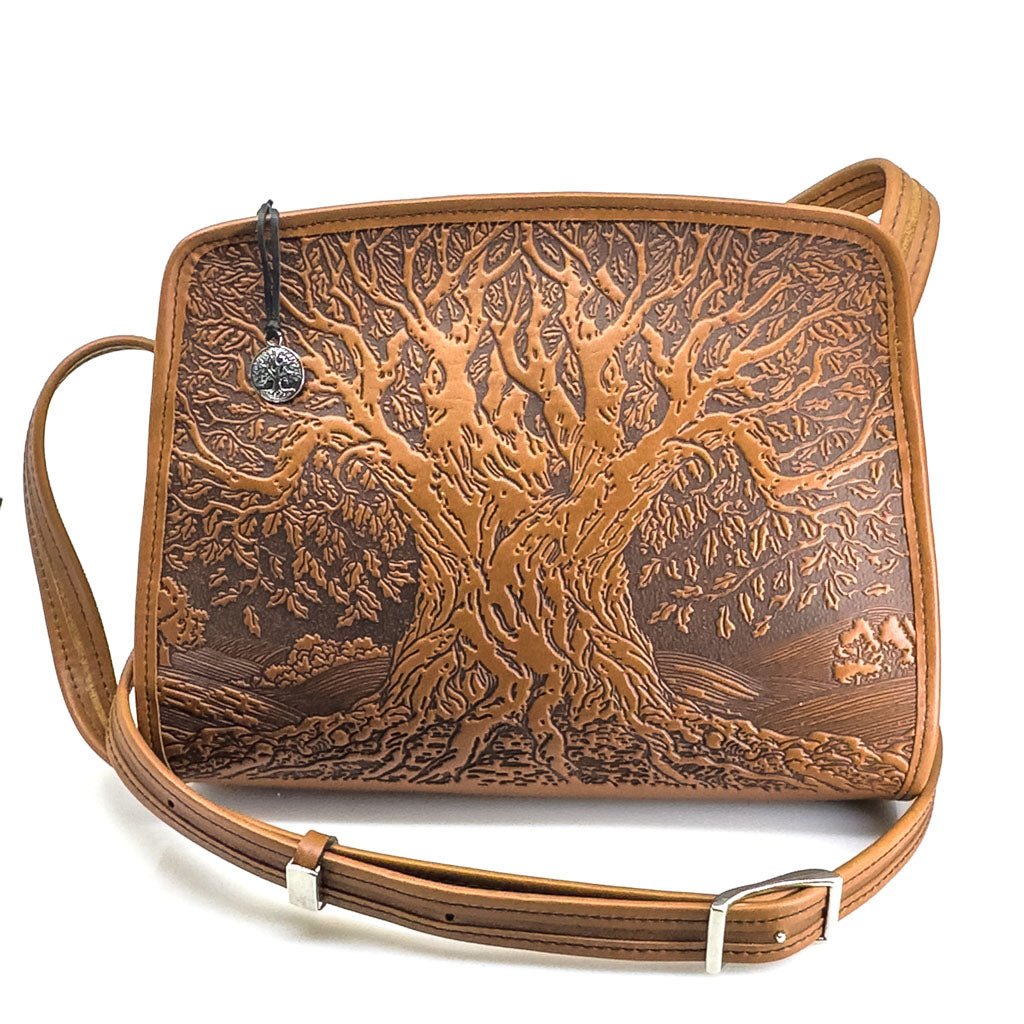 Oberon Design Leather Handbag, Tree of Life Retro Crossbody, Saddle