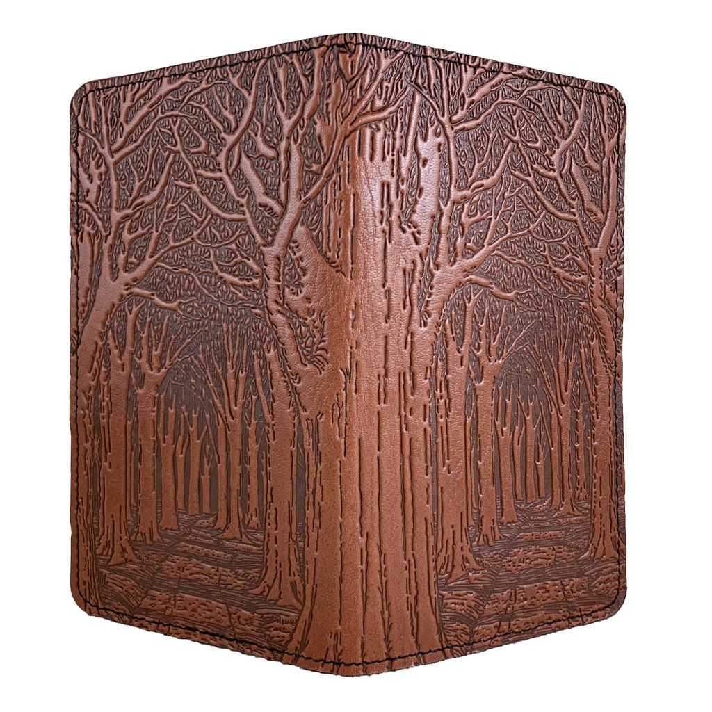 Oberon Design Large Leather Smartphone Wallet, Avenue of Trees, Saddle- Open