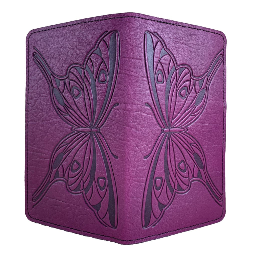Oberon Design Large Leather Smartphone Wallet, Butterfly, Orchid -Open