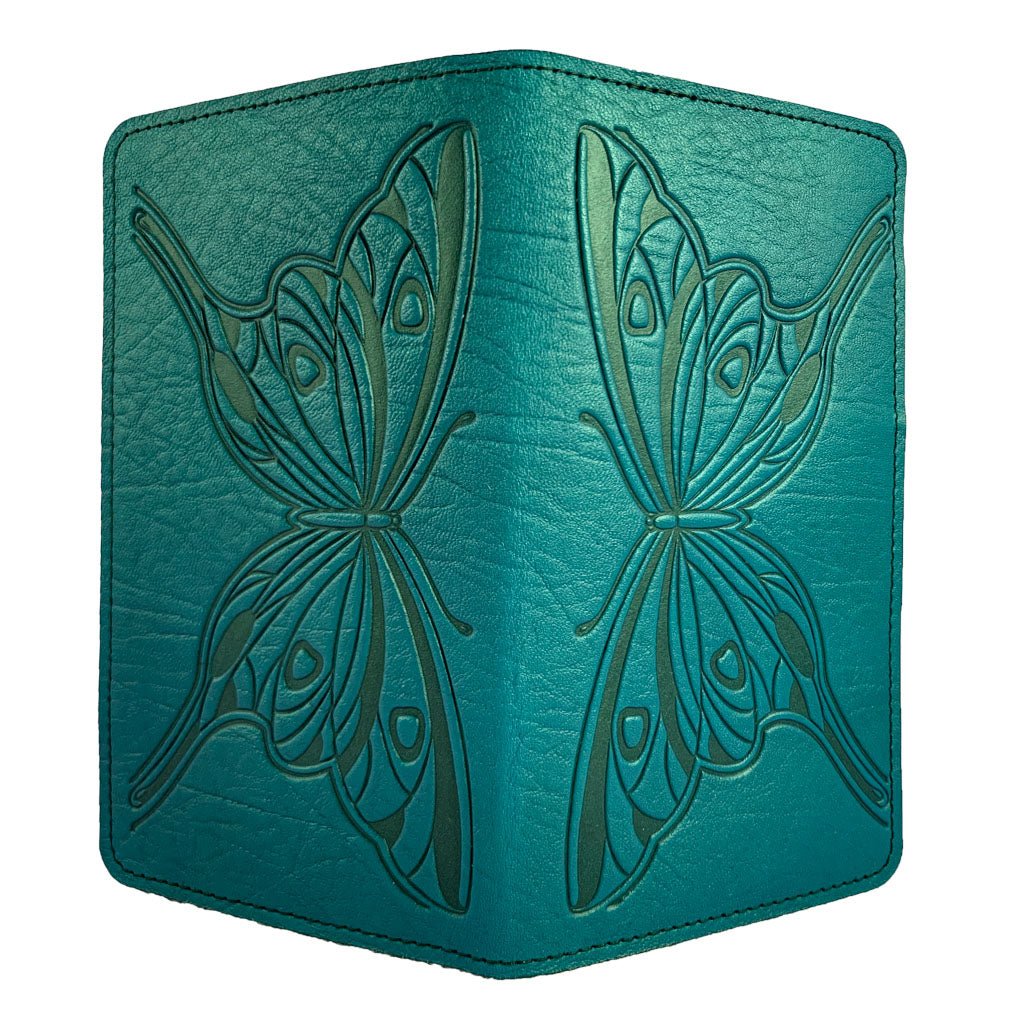 Oberon Design Large Leather Smartphone Wallet, Butterfly, Teal -Open