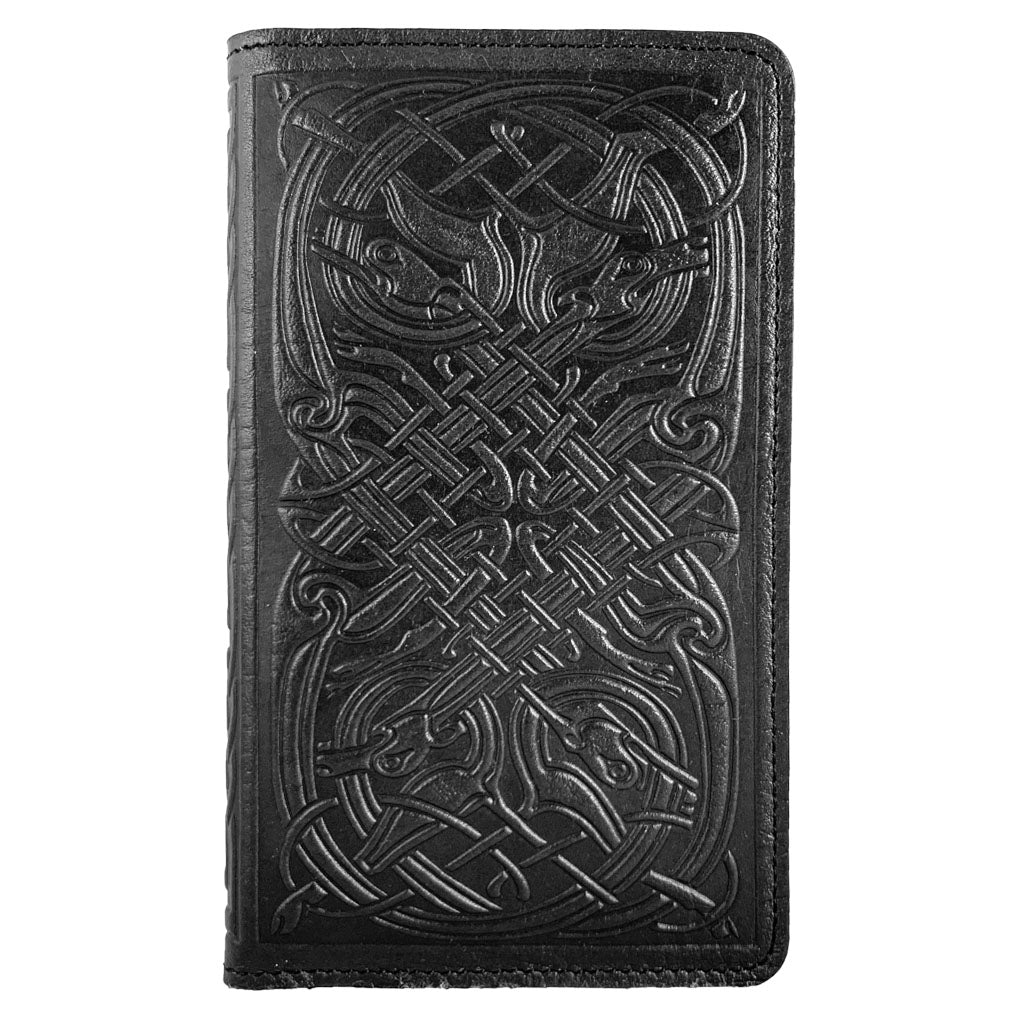 Oberon Design Large Leather Smartphone Wallet, Celtic Hounds in Wine