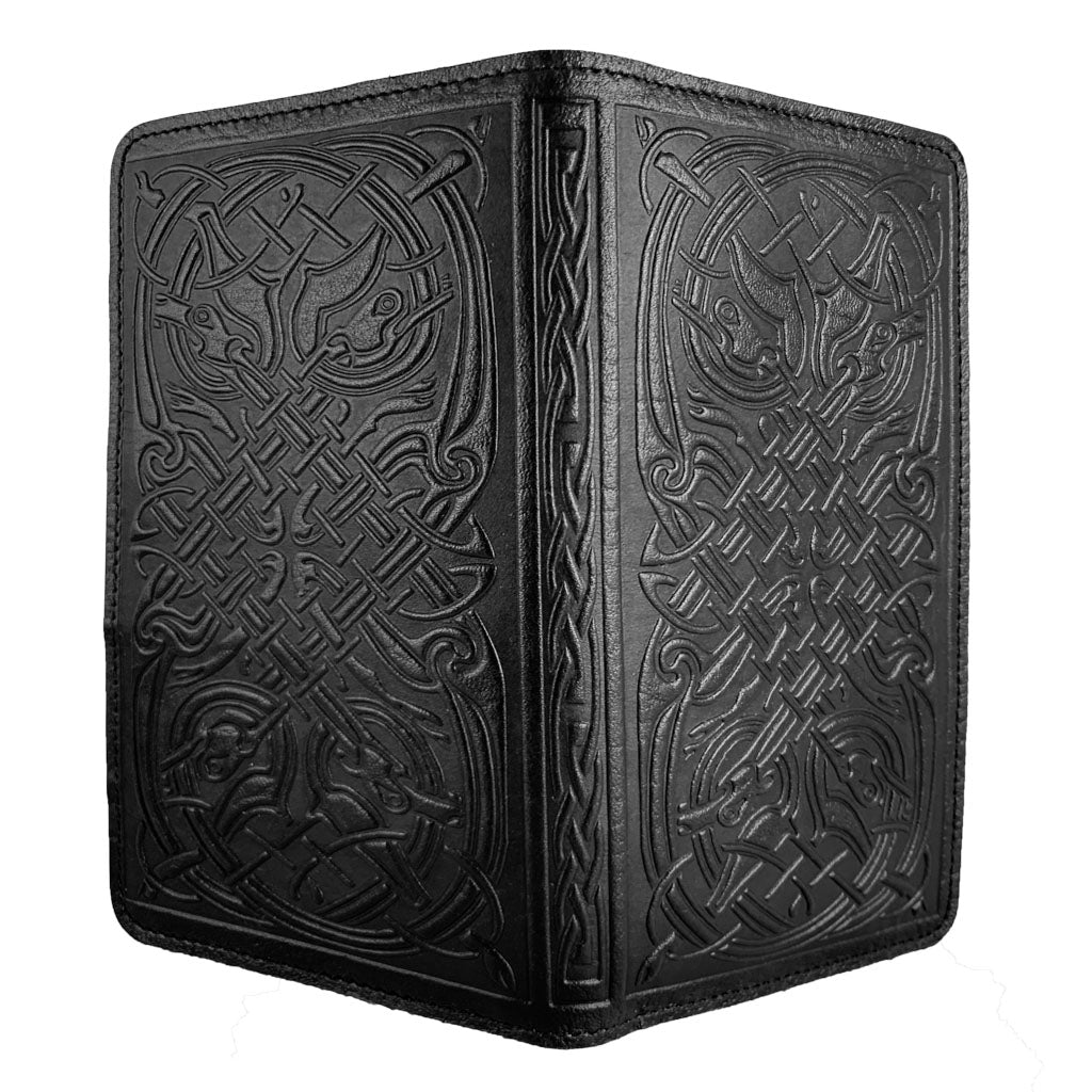 Oberon Design Large Leather Smartphone Wallet, Celtic Hounds in Vlack - Open