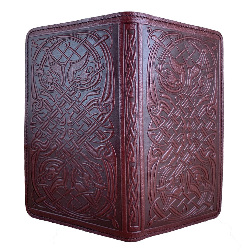 Oberon Design Large Leather Smartphone Wallet, Celtic Hounds in Wine - Open