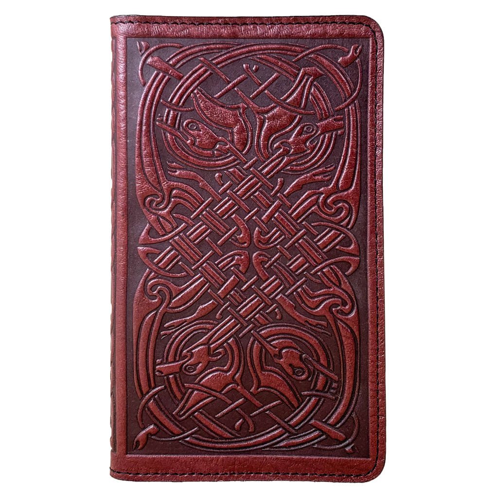 Oberon Design Large Leather Smartphone Wallet, Celtic Hounds in Wine