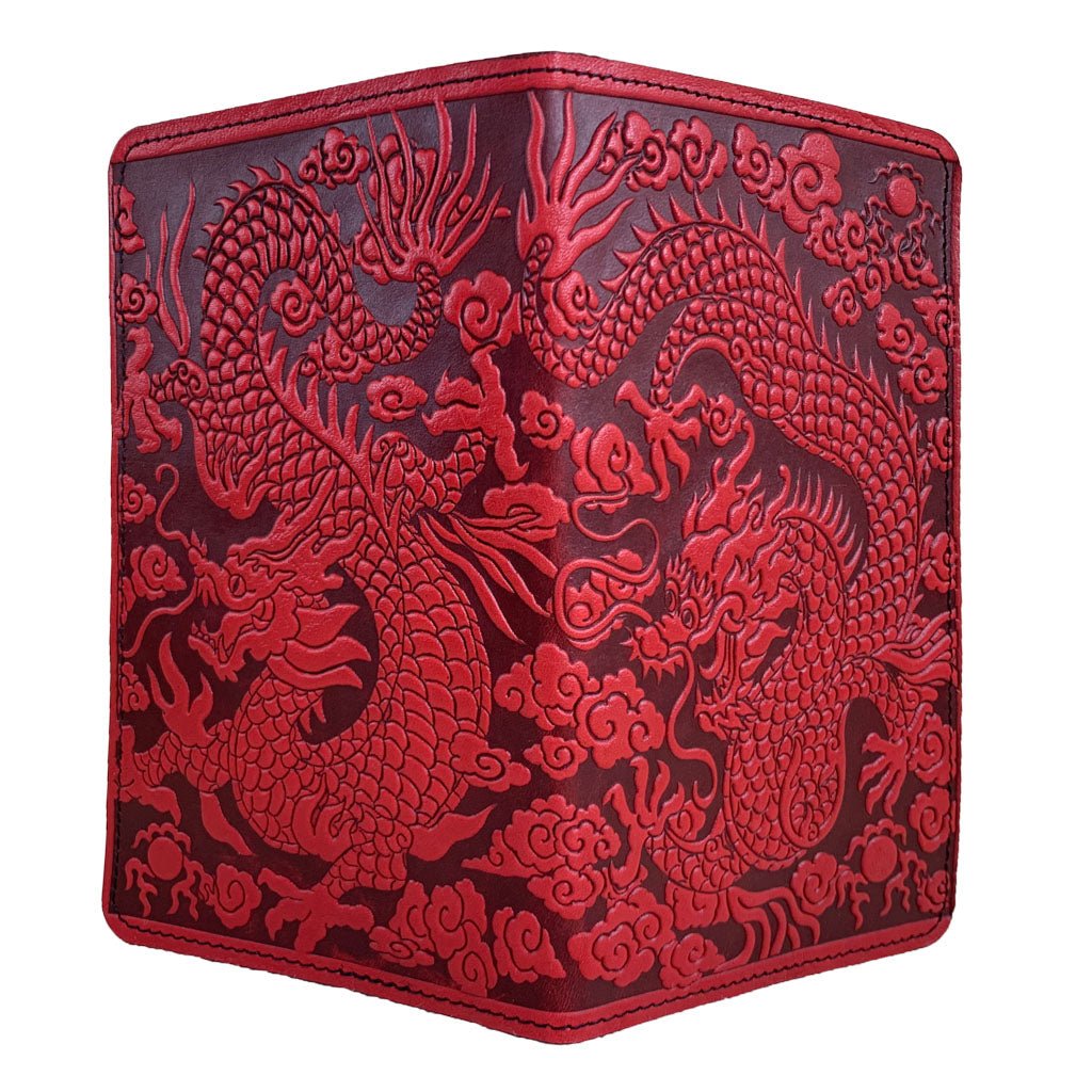 Oberon Design Large Leather Smartphone Wallet, Cloud Dragon, Red - Open