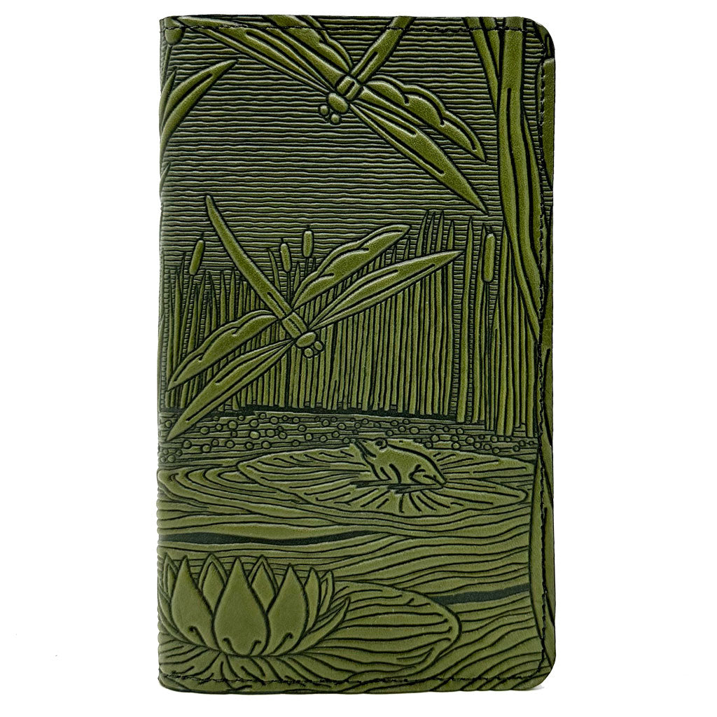 Oberon Design Large Leather Smartphone Wallet, Dragonfly Pond, Fern