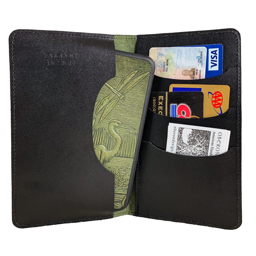 Oberon Design Large Leather Smartphone Wallet, Dragonfly Pond. Interior with Phone &amp; Cards