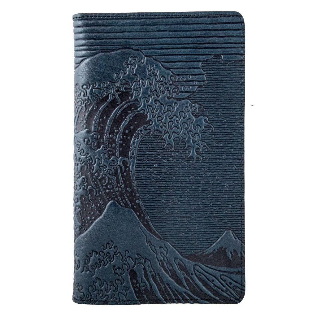 Oberon Design Large Leather Smartphone Wallet, Hokusai Wave, Navy