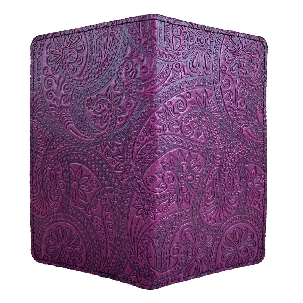 Oberon Design Large Leather Smartphone Wallet, Paisley, Orchid - Open