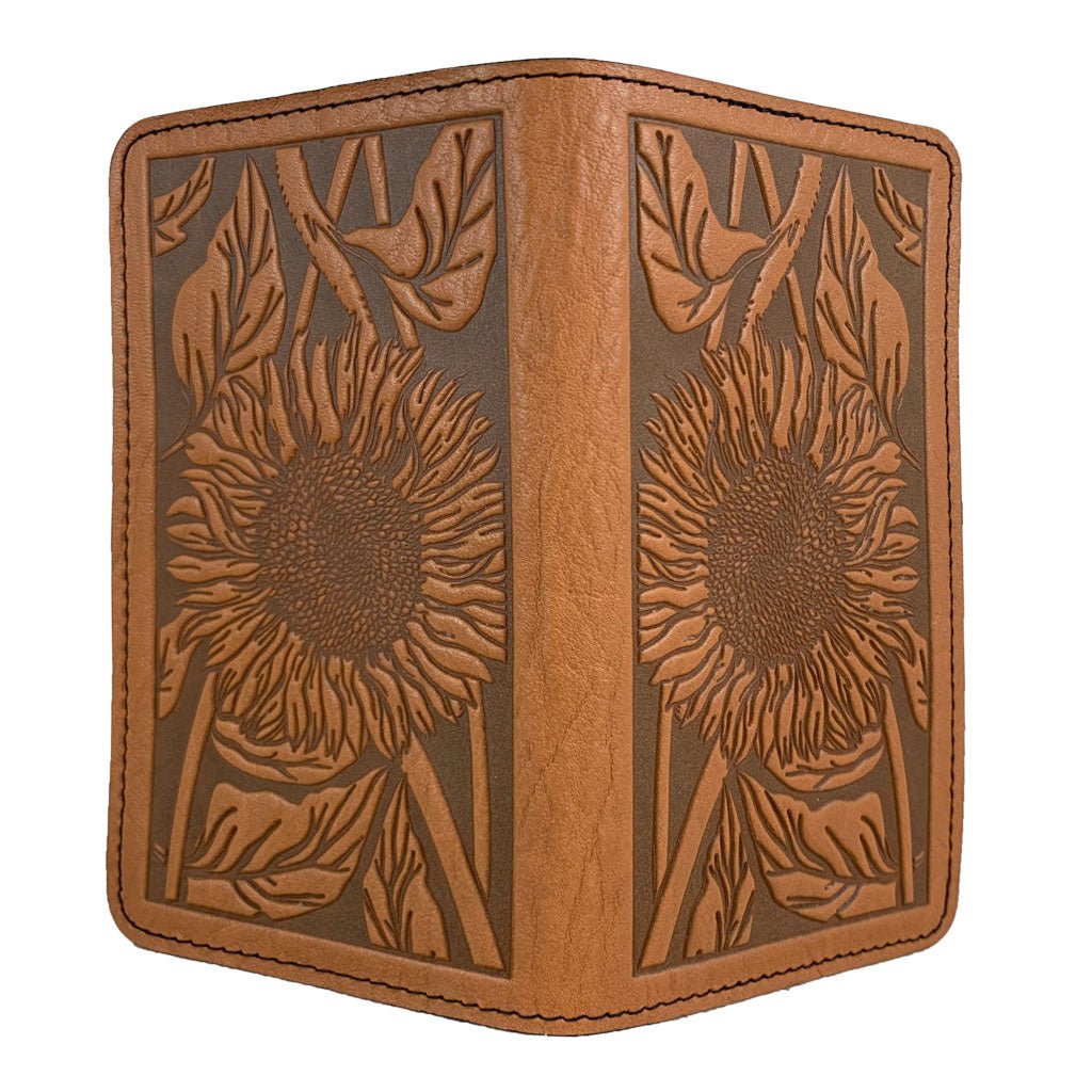 Oberon Design Large Leather Smartphone Wallet, Sunflower, Saddle - Open